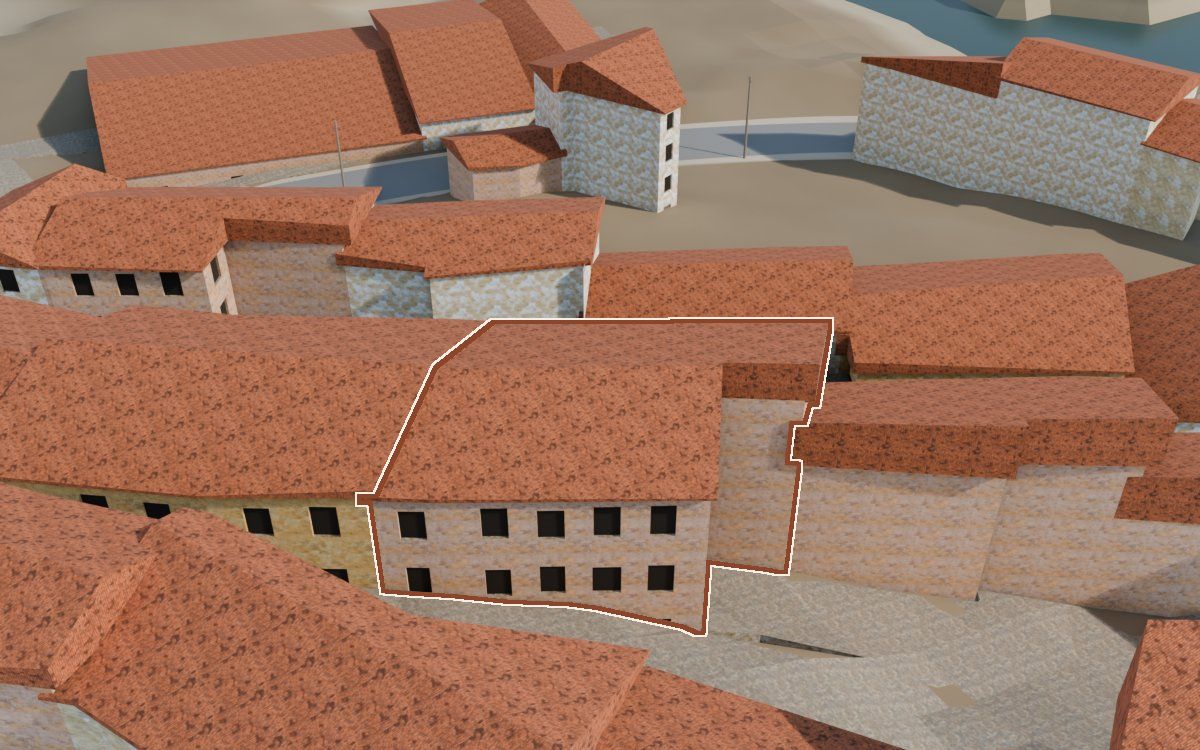 Casa del Carrer de les Pedres a la reconstrucció 3D, vista des del seu carrer, amb el contorn marcat de color teula entre les cases del voltant