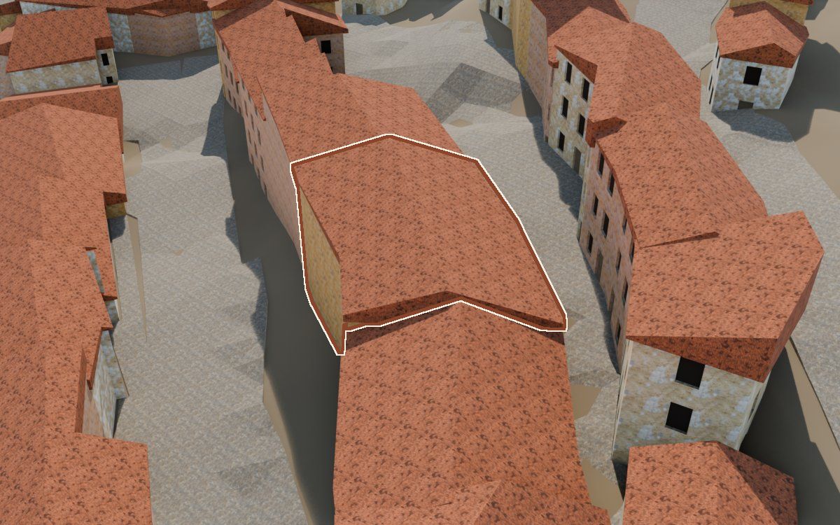 Casa del Carrer de les Pedres a la reconstrucció 3D, vista des del seu carrer, amb el contorn marcat de color teula entre les cases del voltant