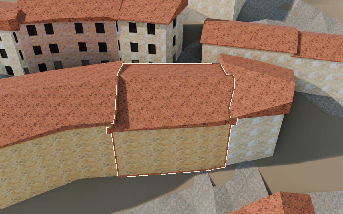 Casa del Carrer Saragossa a la reconstrucció 3D, vista des del costat on millor es veu, amb el contorn marcat de color teula entre les cases del voltant