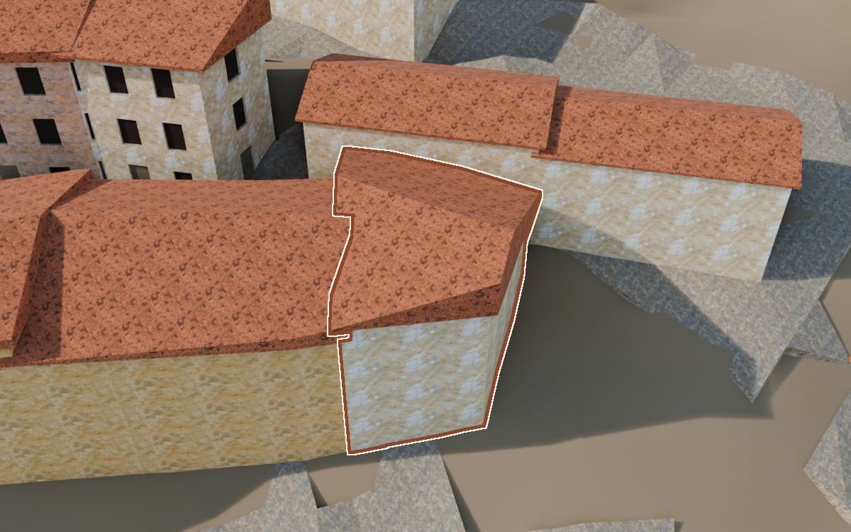 Casa del Carrer Saragossa a la reconstrucció 3D, vista des del costat on millor es veu, amb el contorn marcat de color teula entre les cases del voltant