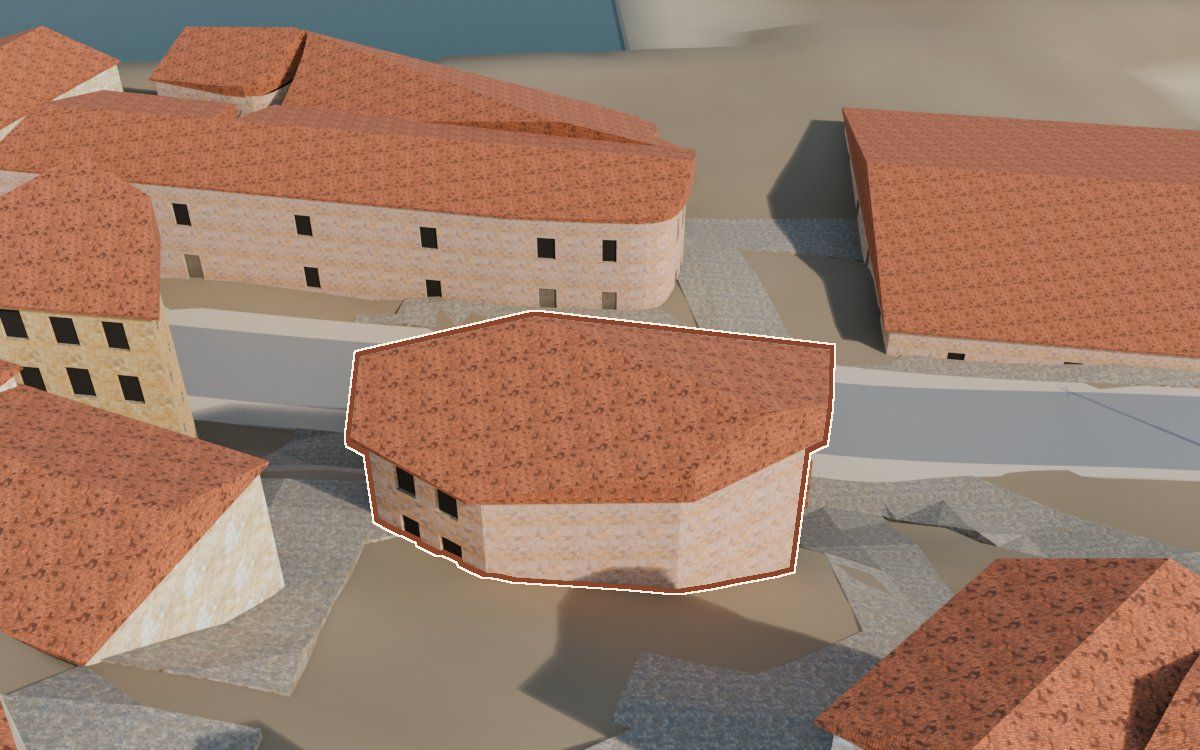 Casa del Carrer Saragossa a la reconstrucció 3D, vista des del seu carrer, amb el contorn marcat de color teula entre les cases del voltant