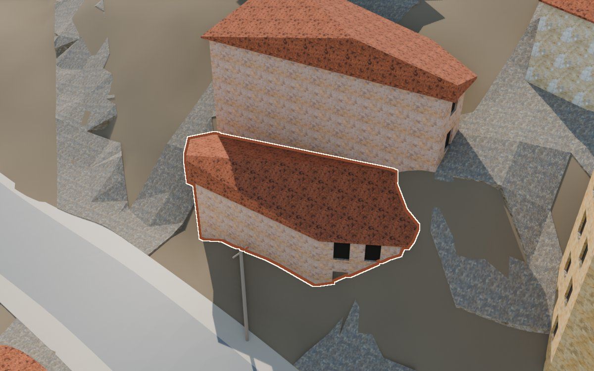 Casa del Carrer Saragossa a la reconstrucció 3D, vista des del seu carrer, amb el contorn marcat de color teula entre les cases del voltant