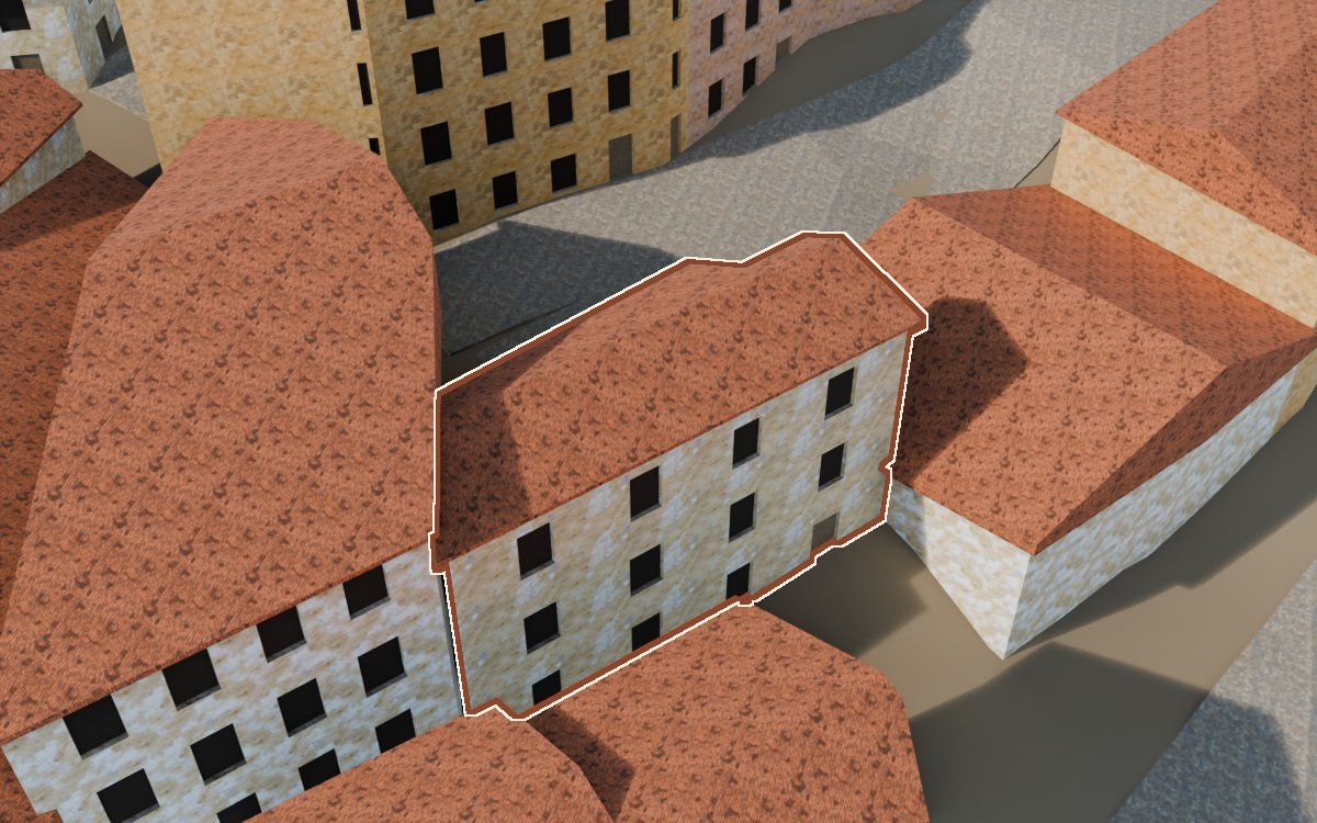 Casa del Carrer de la Puríssima a la reconstrucció 3D, vista des del costat on millor es veu, amb el contorn marcat de color teula entre les cases del voltant