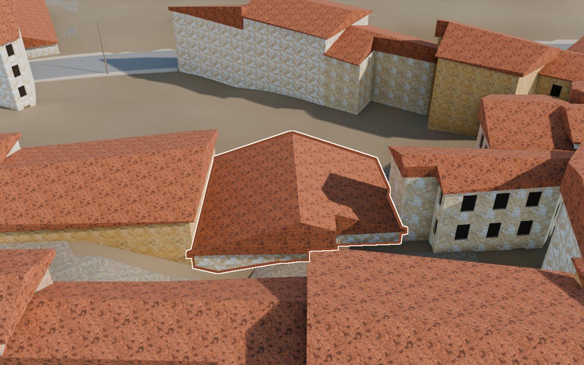 Casa del Carrer la Parra a la reconstrucció 3D, vista des del seu carrer, amb el contorn marcat de color teula entre les cases del voltant