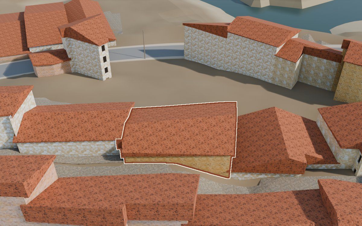Casa del Carrer Fraga de Dalt a la reconstrucció 3D, vista des del seu carrer, amb el contorn marcat de color teula entre les cases del voltant