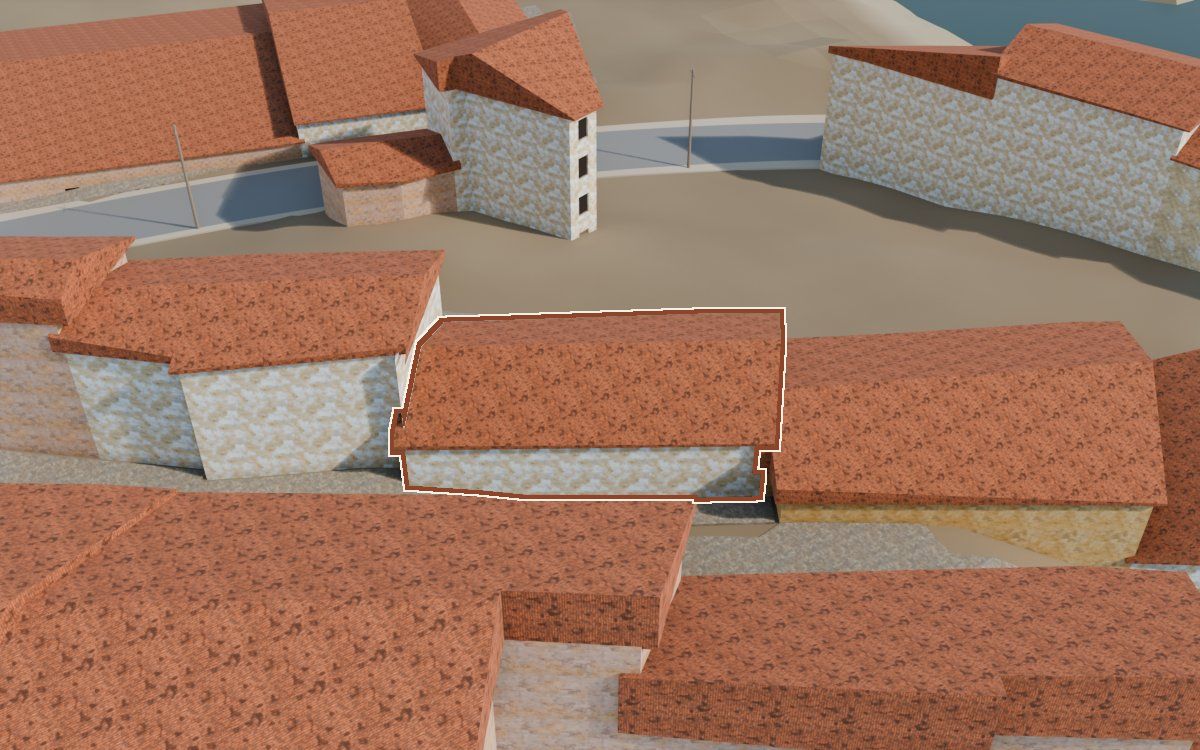 Casa del Carrer Oliver a la reconstrucció 3D, vista des del seu carrer, amb el contorn marcat de color teula entre les cases del voltant