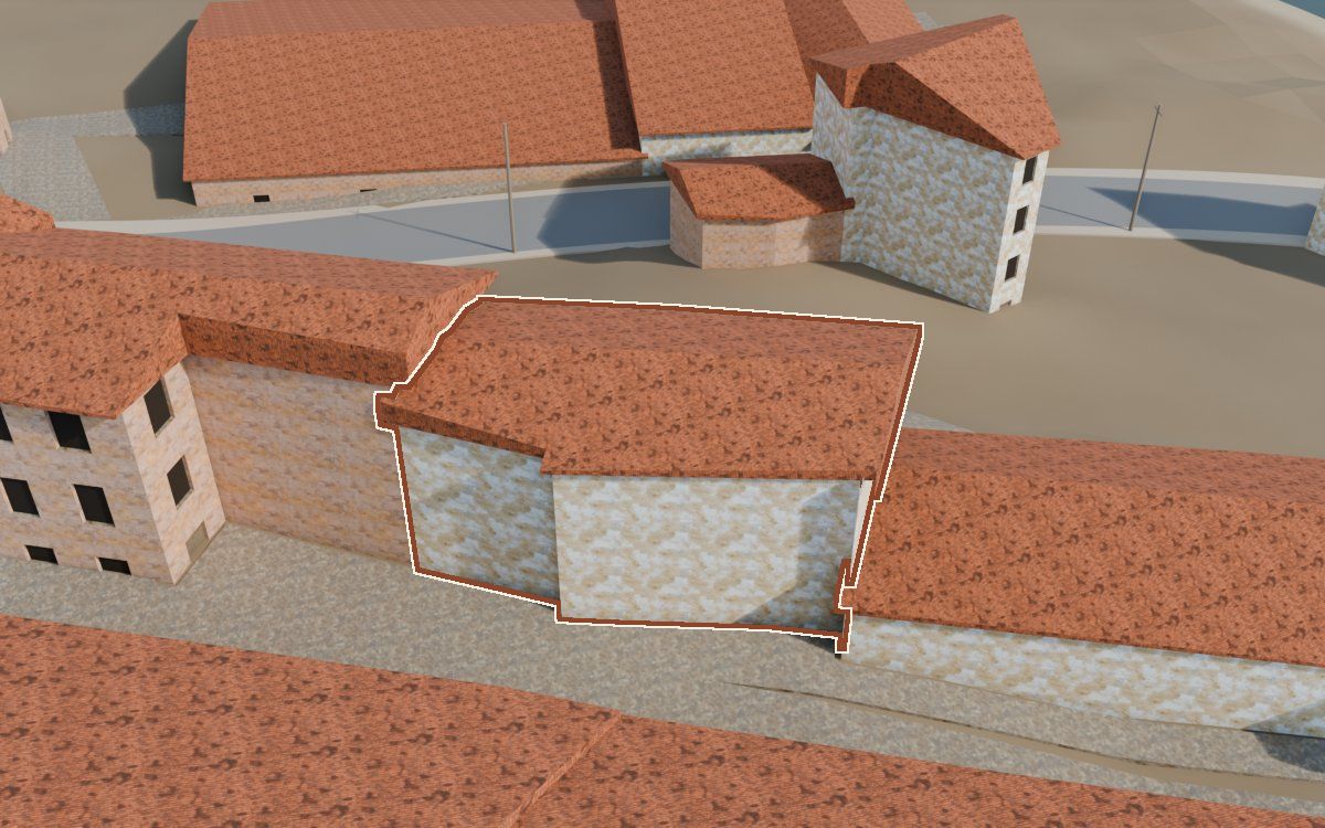 Casa del Carrer Oliver a la reconstrucció 3D, vista des del seu carrer, amb el contorn marcat de color teula entre les cases del voltant