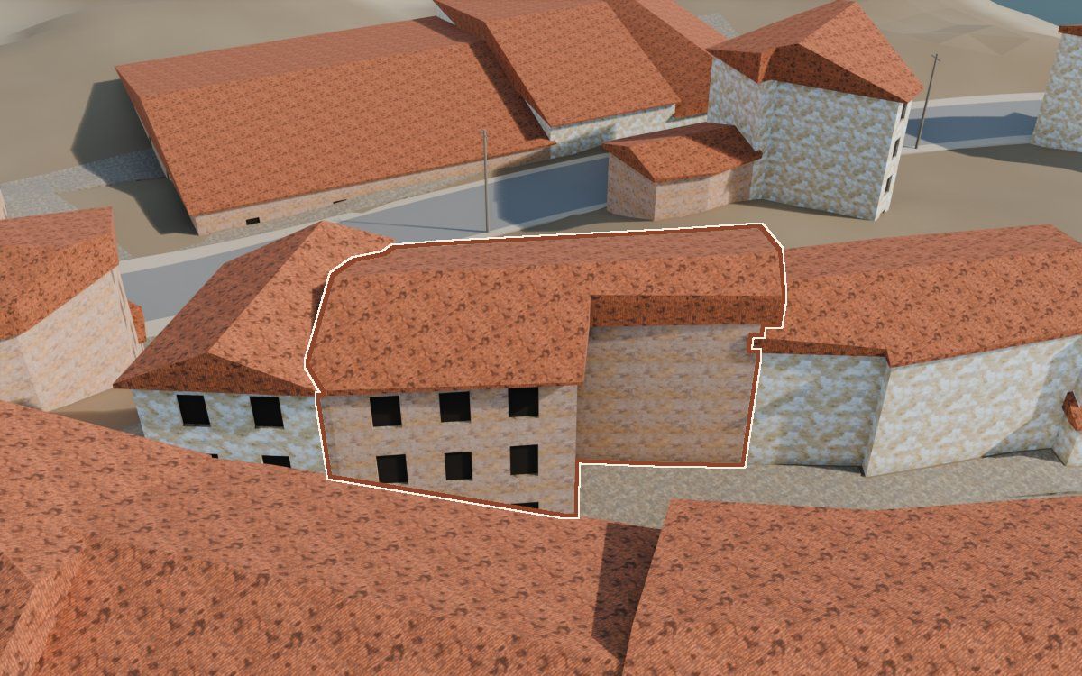 Casa del Carrer de la Iglésia a la reconstrucció 3D, vista des del seu carrer, amb el contorn marcat de color teula entre les cases del voltant