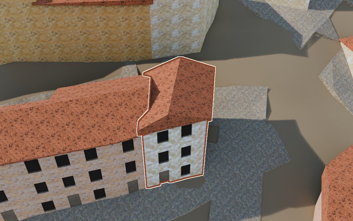 Casa del Carrer Oliver a la reconstrucció 3D, vista des del costat on millor es veu, amb el contorn marcat de color teula entre les cases del voltant