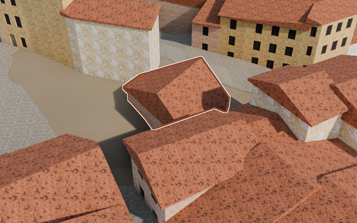 Casa del Carrer Saragossa a la reconstrucció 3D, vista des del seu carrer, amb el contorn marcat de color teula entre les cases del voltant