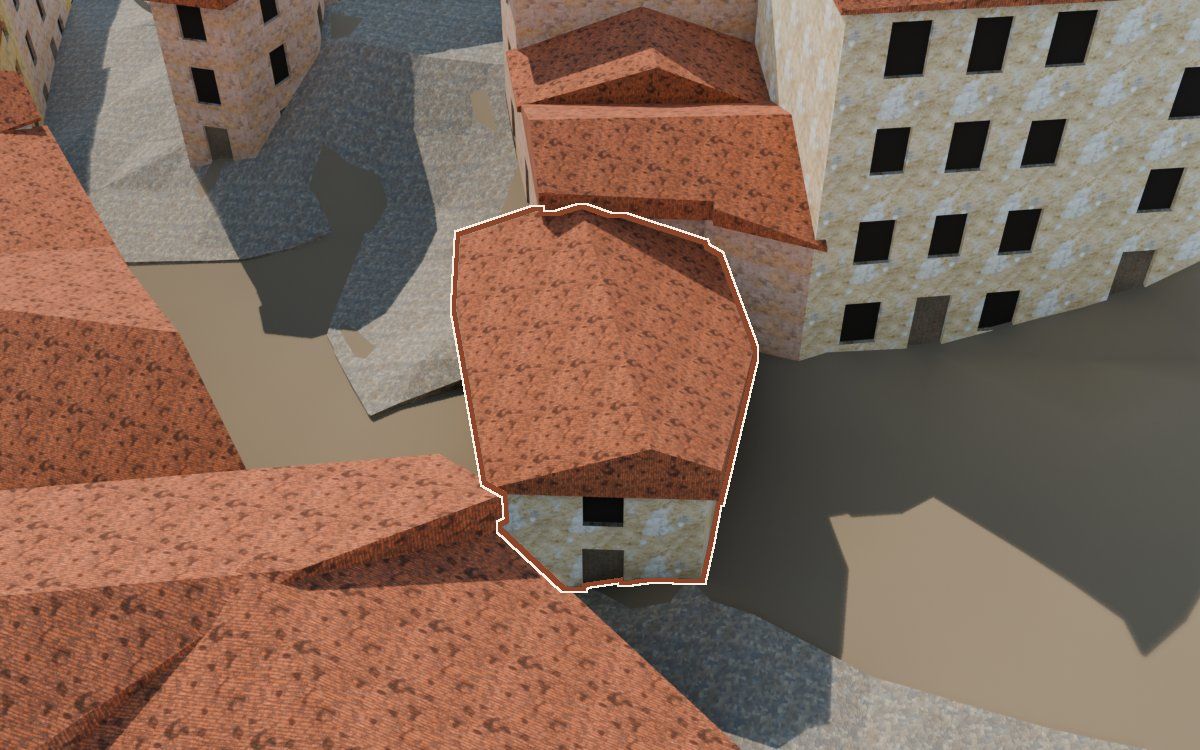 Casa del Carrer Saragossa a la reconstrucció 3D, vista des del costat on millor es veu, amb el contorn marcat de color teula entre les cases del voltant