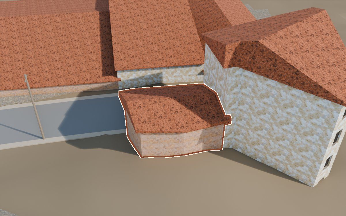 Casa del Carrer del Mig a la reconstrucció 3D, vista des del seu carrer, amb el contorn marcat de color teula entre les cases del voltant