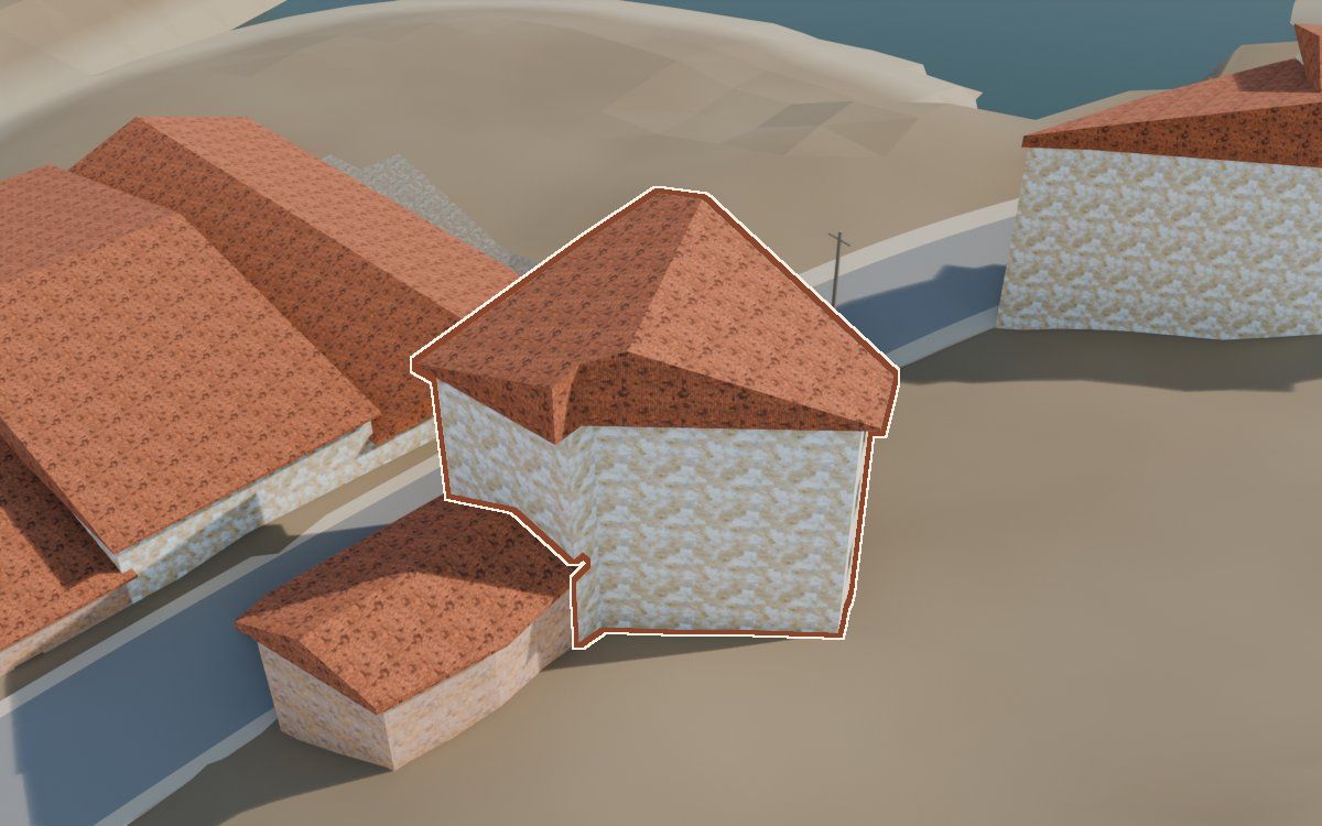 Casa del Carrer Fraga de Dalt a la reconstrucció 3D, vista des del seu carrer, amb el contorn marcat de color teula entre les cases del voltant