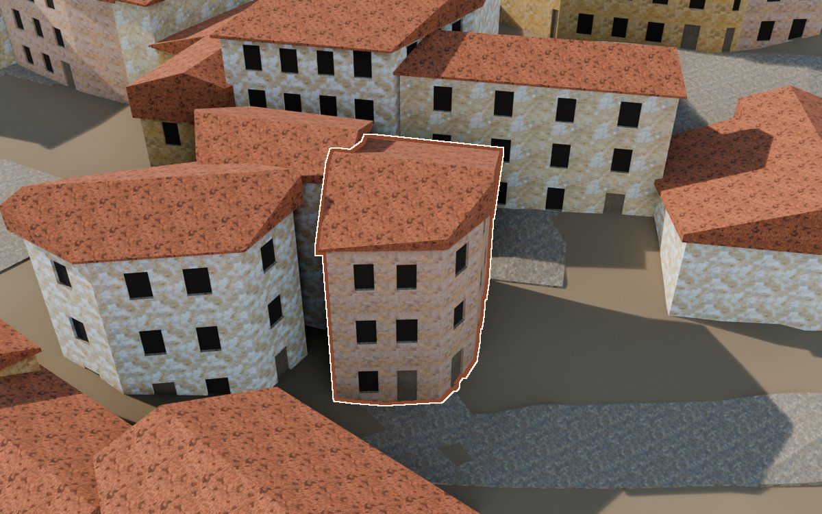 Casa del Carrer de la Puríssima a la reconstrucció 3D, vista des del seu carrer, amb el contorn marcat de color teula entre les cases del voltant