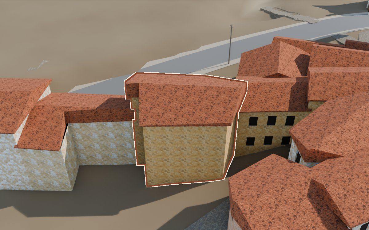 Casa del Carrer Major a la reconstrucció 3D, vista des del seu carrer, amb el contorn marcat de color teula entre les cases del voltant