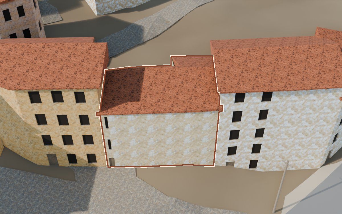 Casa del Carrer Major a la reconstrucció 3D, vista des del seu carrer, amb el contorn marcat de color teula entre les cases del voltant