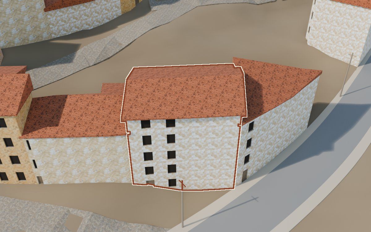 Casa del Carrer Major a la reconstrucció 3D, vista des del seu carrer, amb el contorn marcat de color teula entre les cases del voltant