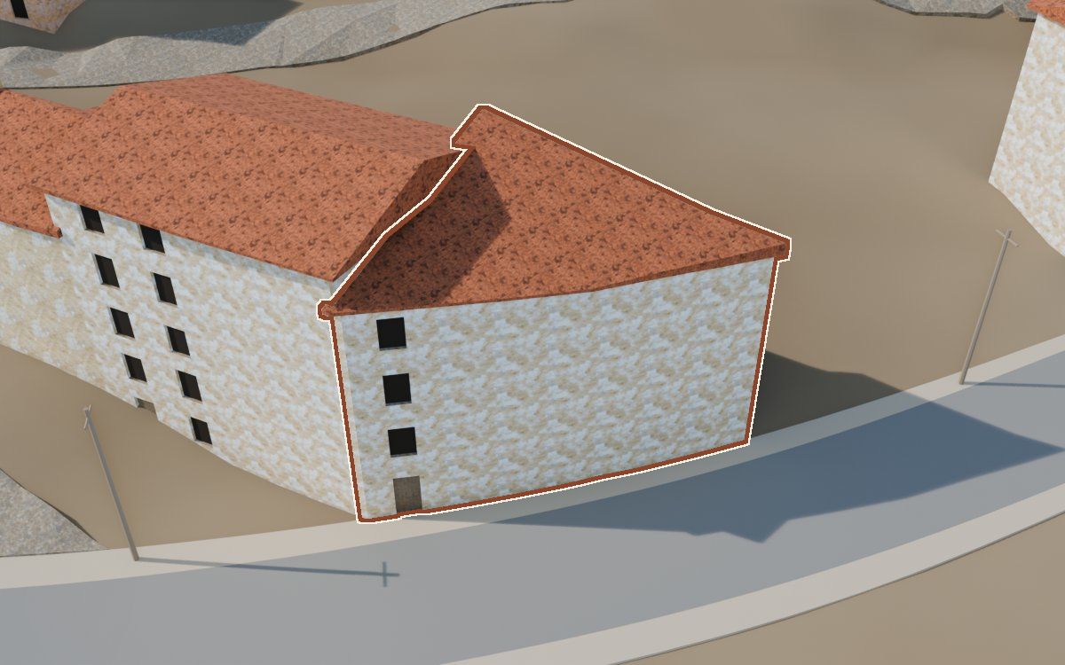 Casa del Carrer del Rosari a la reconstrucció 3D, vista des del seu carrer, amb el contorn marcat de color teula entre les cases del voltant