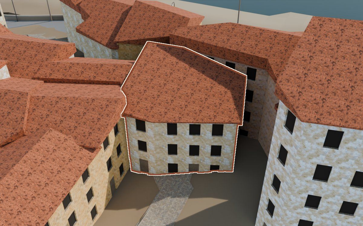 Casa del Carrer Barrinol a la reconstrucció 3D, vista des del seu carrer, amb el contorn marcat de color teula entre les cases del voltant