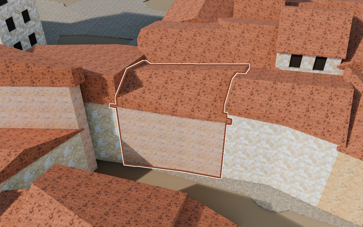 Casa del Carrer Barrinol a la reconstrucció 3D, vista des del costat on millor es veu, amb el contorn marcat de color teula entre les cases del voltant