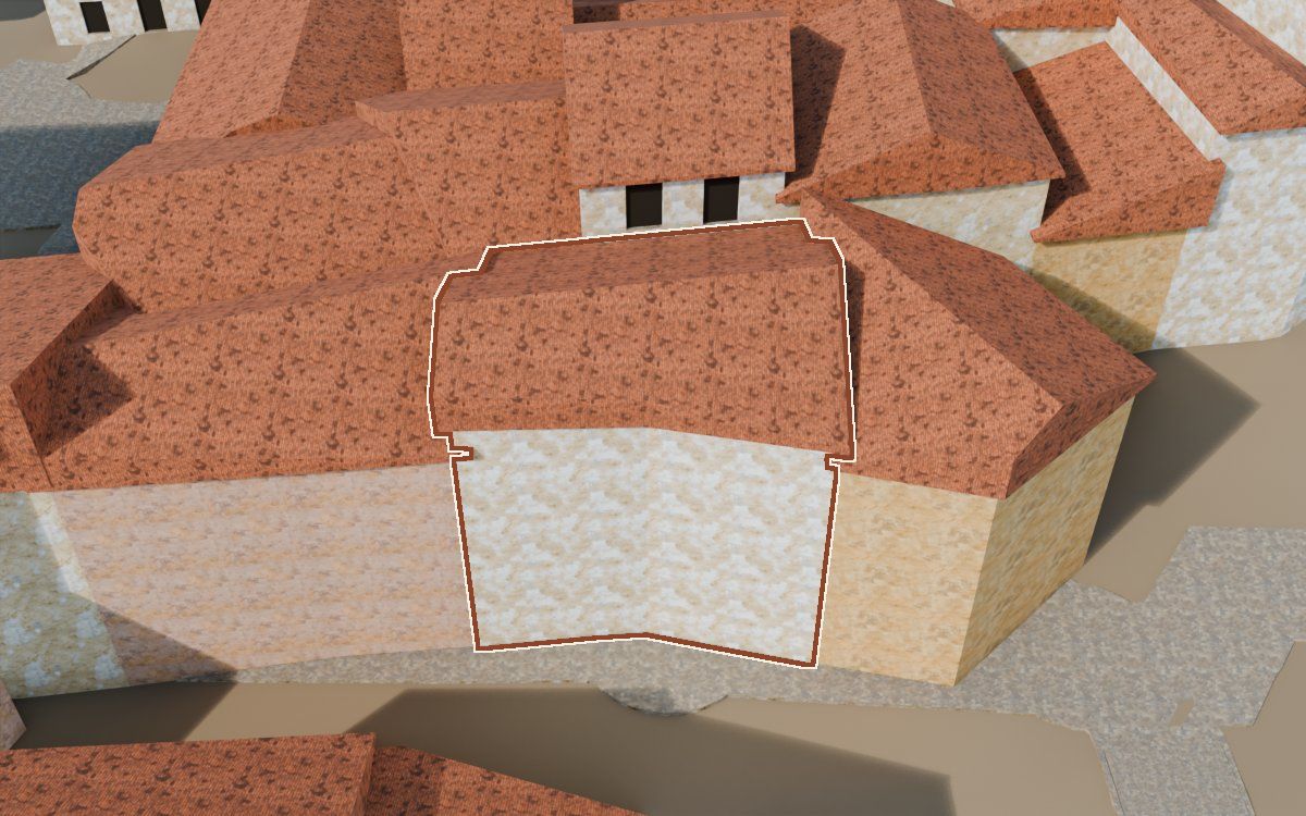 Casa del Carrer Barrinol a la reconstrucció 3D, vista des del costat on millor es veu, amb el contorn marcat de color teula entre les cases del voltant