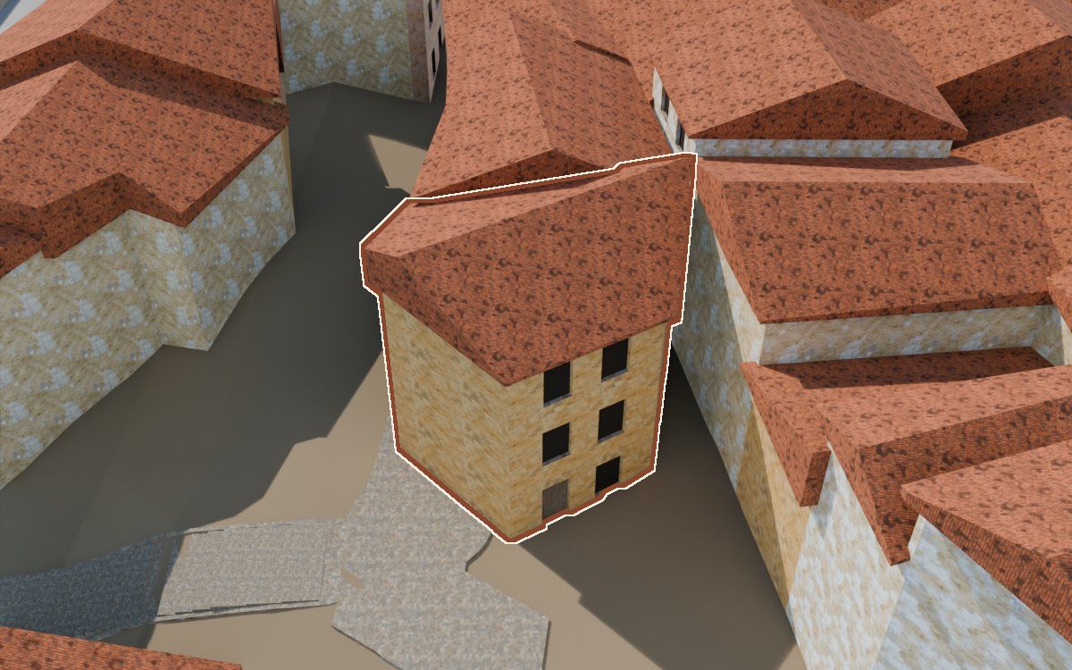 Casa del Carrer Barrinol a la reconstrucció 3D, vista des del costat on millor es veu, amb el contorn marcat de color teula entre les cases del voltant