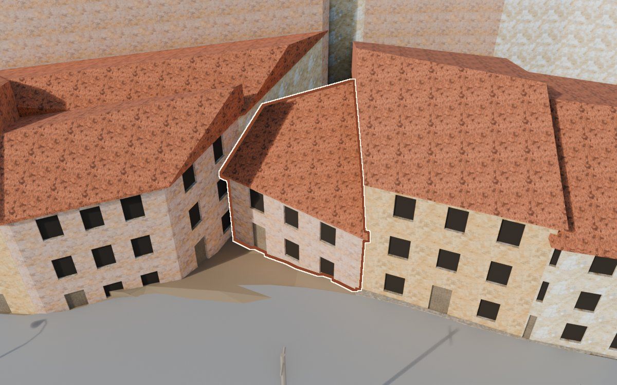 Casa de Lo Muro a la reconstrucció 3D, vista des del costat on millor es veu, amb el contorn marcat de color teula entre les cases del voltant