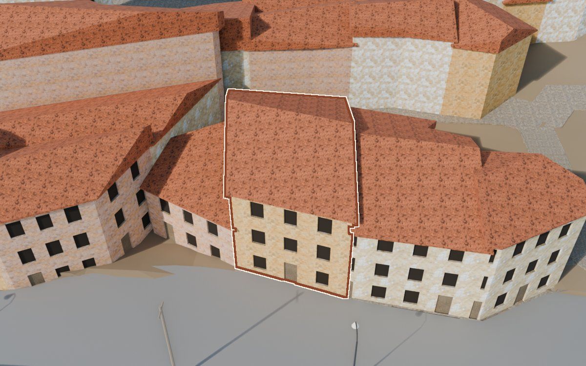 Casa de Lo Muro a la reconstrucció 3D, vista des del costat on millor es veu, amb el contorn marcat de color teula entre les cases del voltant