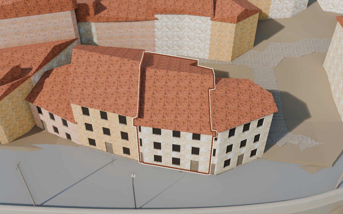 Casa de Lo Muro a la reconstrucció 3D, vista des del costat on millor es veu, amb el contorn marcat de color teula entre les cases del voltant