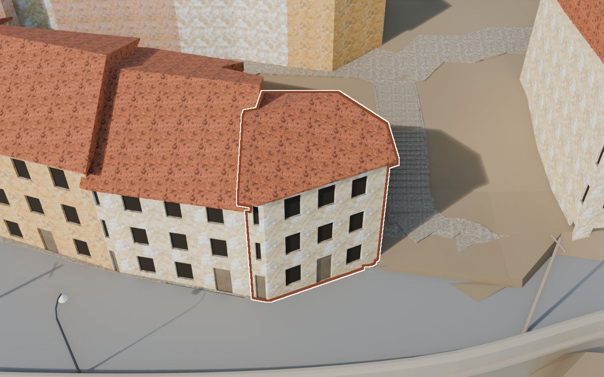 Casa de Lo Muro a la reconstrucció 3D, vista des del costat on millor es veu, amb el contorn marcat de color teula entre les cases del voltant
