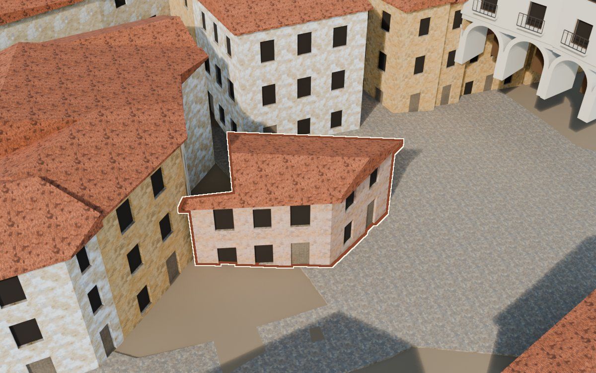 Casa del Carrer Barrinol a la reconstrucció 3D, vista des del seu carrer, amb el contorn marcat de color teula entre les cases del voltant