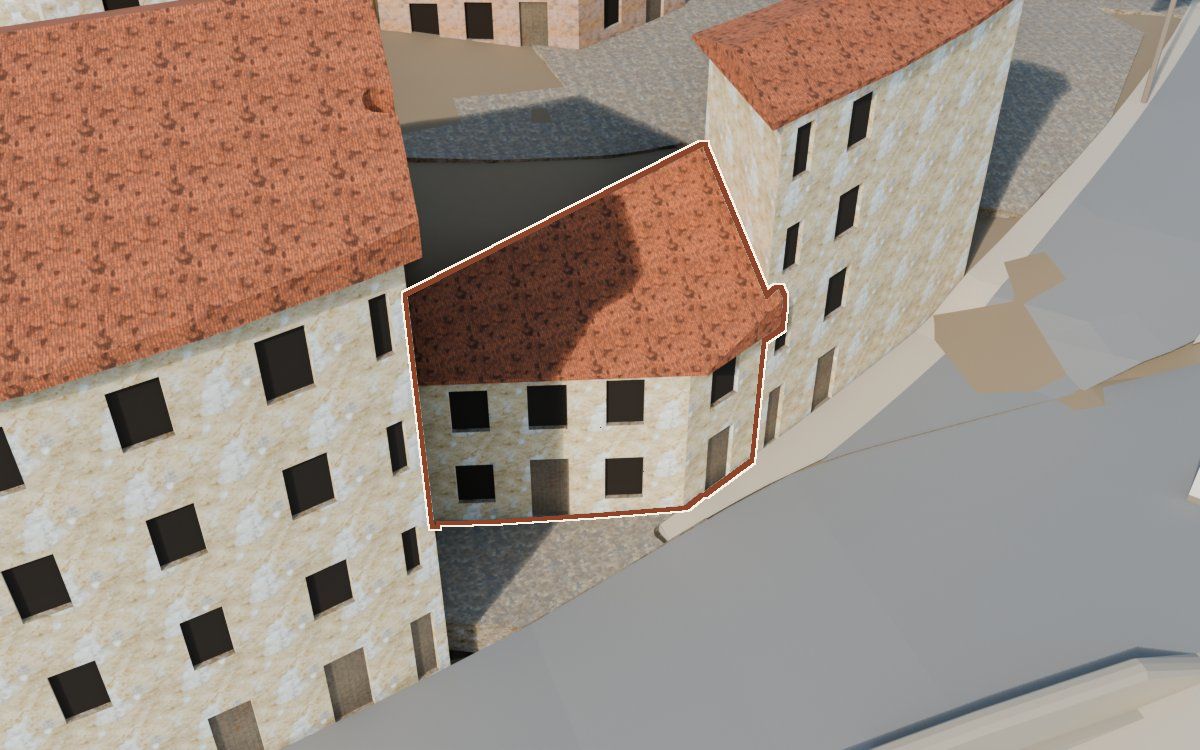 Casa del Carrer Cuquet a la reconstrucció 3D, vista des del seu carrer, amb el contorn marcat de color teula entre les cases del voltant