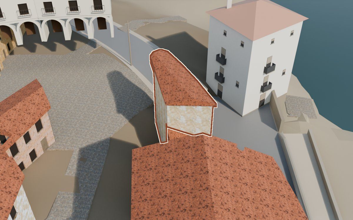 Casa de Lo Muro a la reconstrucció 3D, vista des del seu carrer, amb el contorn marcat de color teula entre les cases del voltant