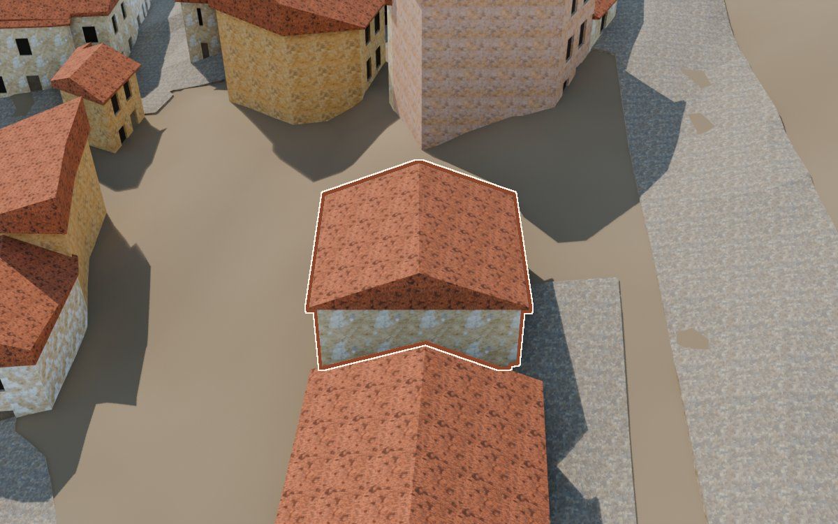Casa del Carrer Sepulcro a la reconstrucció 3D, vista des del seu carrer, amb el contorn marcat de color teula entre les cases del voltant