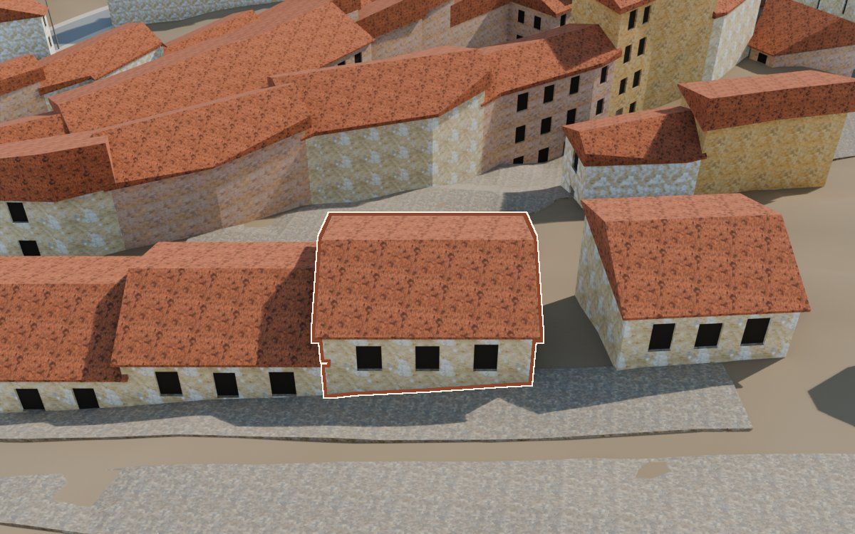 Casa del Carrer Sepulcro a la reconstrucció 3D, vista des del seu carrer, amb el contorn marcat de color teula entre les cases del voltant