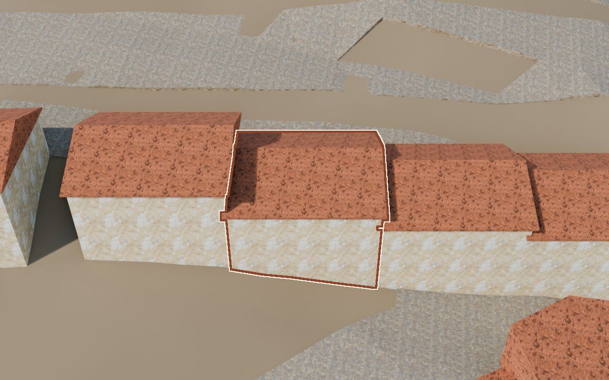 Casa del Carrer Sepulcro a la reconstrucció 3D, vista des del seu carrer, amb el contorn marcat de color teula entre les cases del voltant