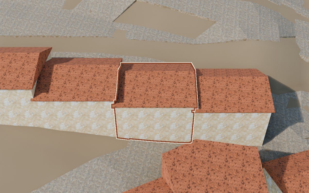 Casa del Carrer Sepulcro a la reconstrucció 3D, vista des del seu carrer, amb el contorn marcat de color teula entre les cases del voltant