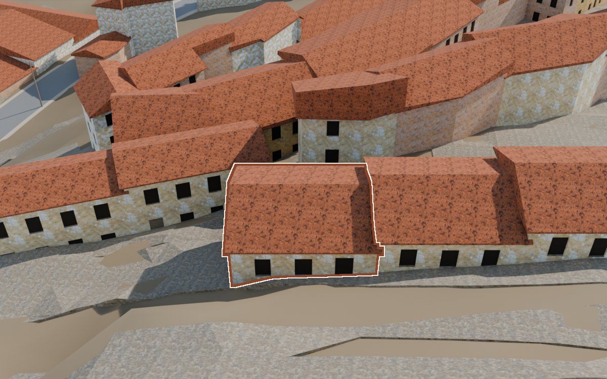 Casa del Carrer Sepulcro a la reconstrucció 3D, vista des del seu carrer, amb el contorn marcat de color teula entre les cases del voltant