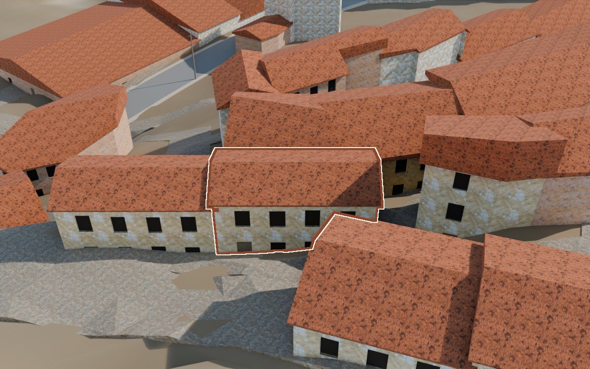 Casa del Carrer Saragossa a la reconstrucció 3D, vista des del seu carrer, amb el contorn marcat de color teula entre les cases del voltant