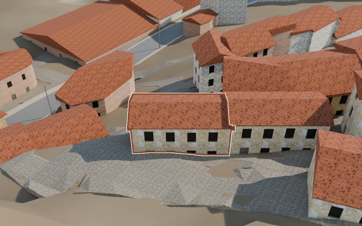 Casa del Carrer Saragossa a la reconstrucció 3D, vista des del seu carrer, amb el contorn marcat de color teula entre les cases del voltant