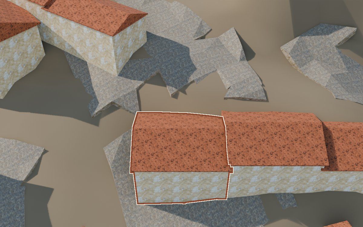 Casa del Carrer Sepulcro a la reconstrucció 3D, vista des del costat on millor es veu, amb el contorn marcat de color teula entre les cases del voltant