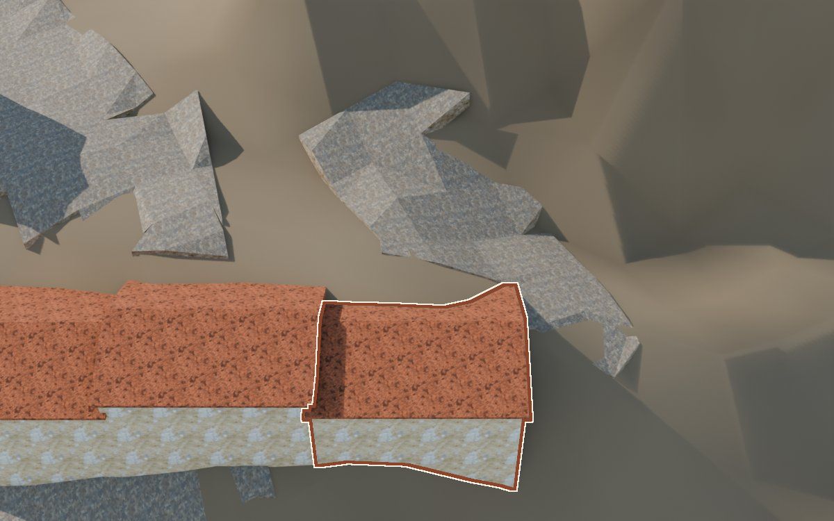 Casa del Carrer del Castell a la reconstrucció 3D, vista des del costat on millor es veu, amb el contorn marcat de color teula entre les cases del voltant