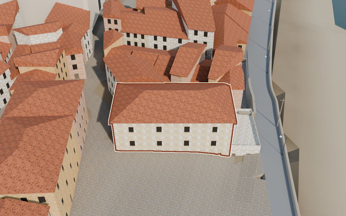 Caserón del portal de arco a la reconstrucció 3D, vista des del seu carrer, amb el contorn marcat de color teula entre les cases del voltant