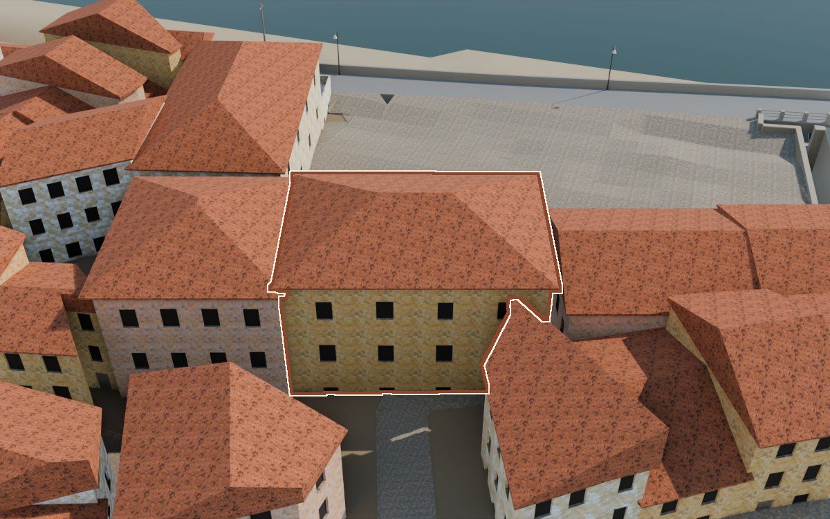 Edificio de ladrillo de la plaza a la reconstrucció 3D, vista des del seu carrer, amb el contorn marcat de color teula entre les cases del voltant