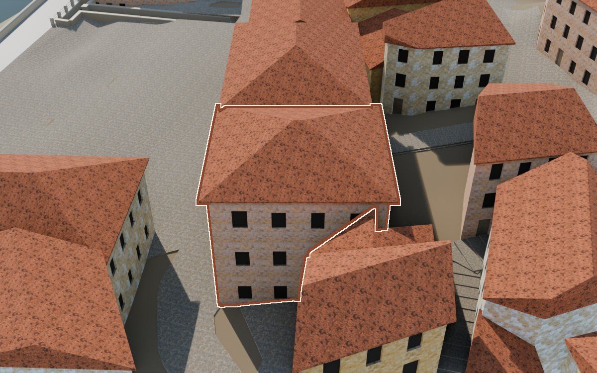 La Farmacia a la reconstrucció 3D, vista des del seu carrer, amb el contorn marcat de color teula entre les cases del voltant