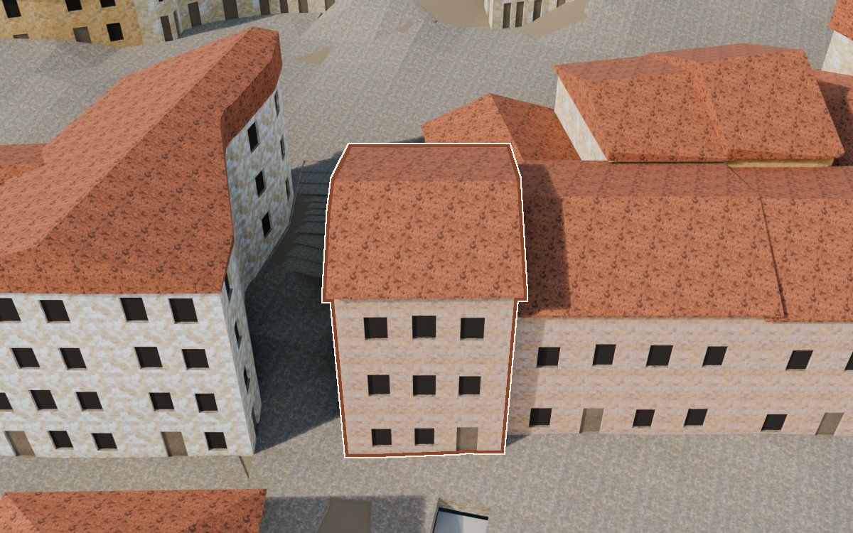 Casa de la Plaça d'Armes a la reconstrucció 3D, vista des del costat on millor es veu, amb el contorn marcat de color teula entre les cases del voltant