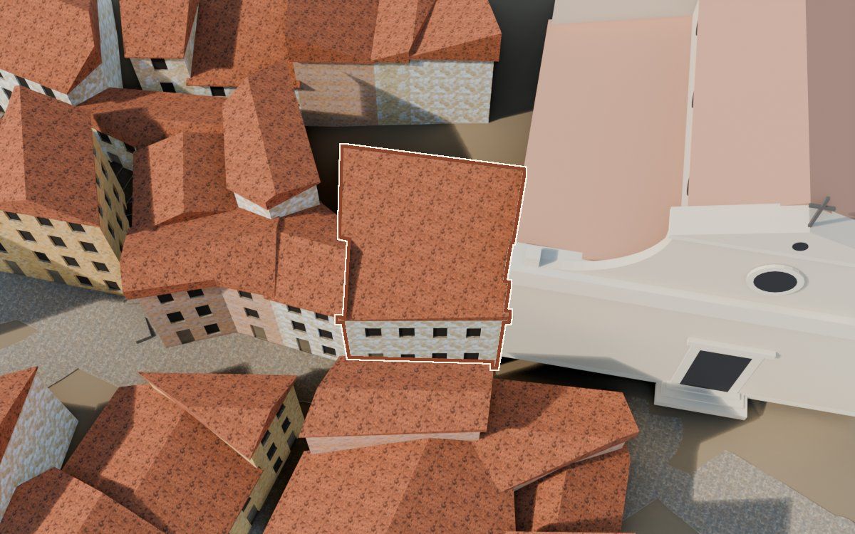 Casa de los tres balcones, pegada a la iglesia a la reconstrucció 3D, vista des del costat on millor es veu, amb el contorn marcat de color teula entre les cases del voltant