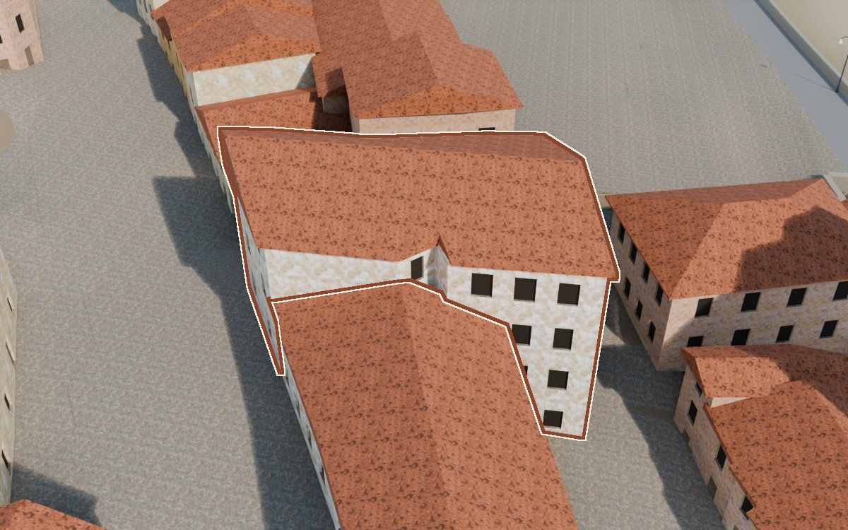 Edificio de piedra de la escalera a la reconstrucció 3D, vista des del seu carrer, amb el contorn marcat de color teula entre les cases del voltant