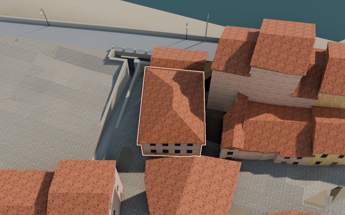 Bar Ebro a la reconstrucció 3D, vista des del costat on millor es veu, amb el contorn marcat de color teula entre les cases del voltant