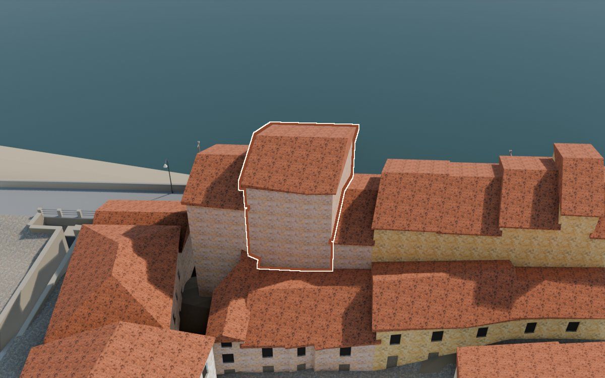 Casa de Lo Muro a la reconstrucció 3D, vista des del seu carrer, amb el contorn marcat de color teula entre les cases del voltant